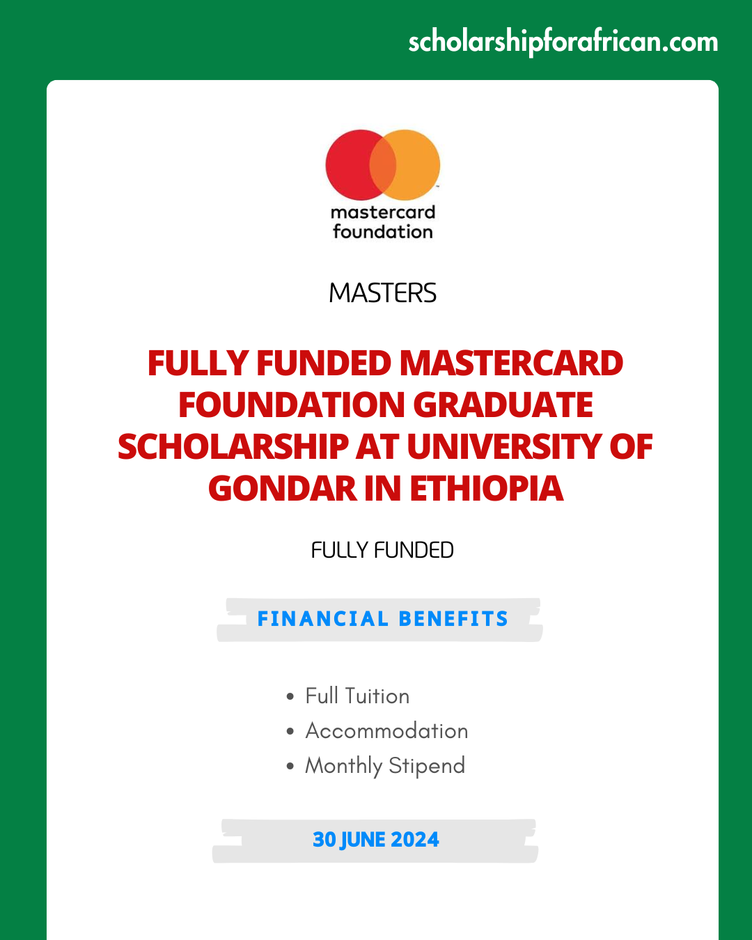 Fully Funded Mastercard Foundation Graduate Scholarship at University of Gondar in Ethiopia 2024-25