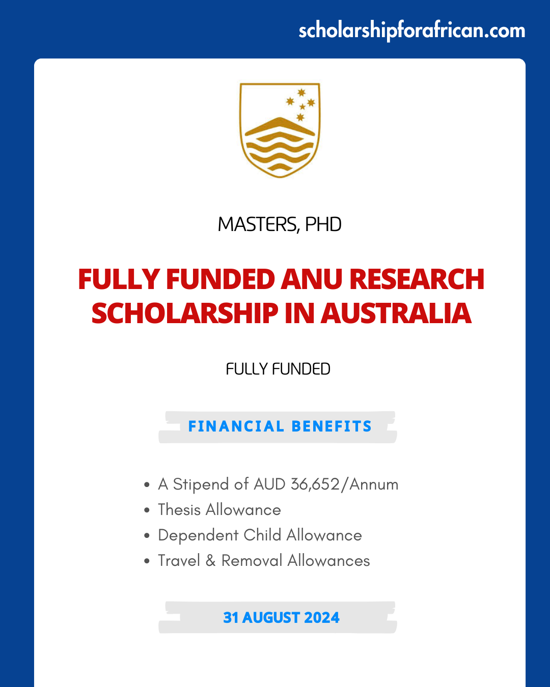 Fully Funded ANU Research Scholarship in Australia 2024-25