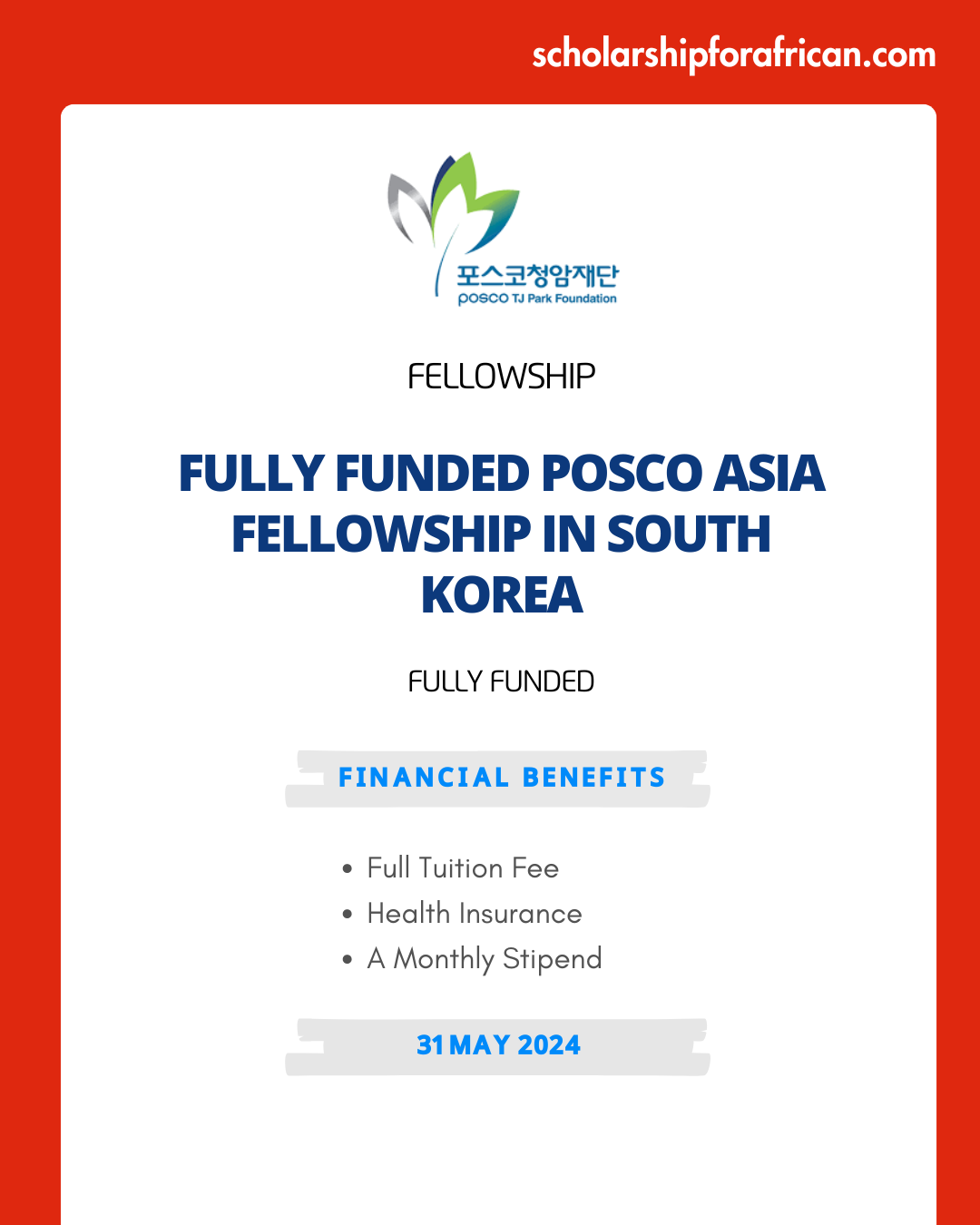 Fully Funded POSCO Asia Fellowship in South Korea 2025